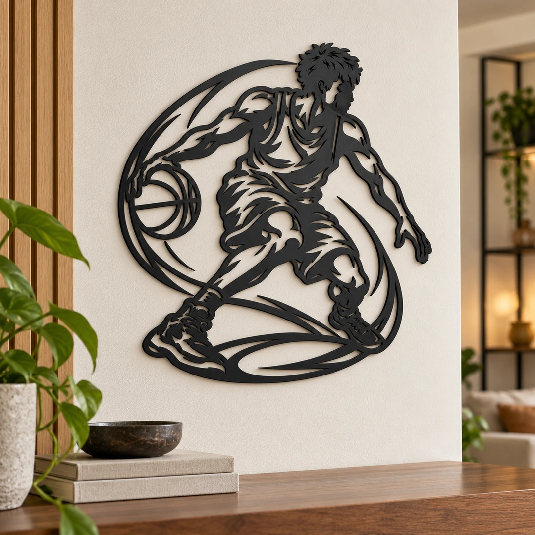 Décoration murale basketteur en plein dribble mise en scène dans un salon