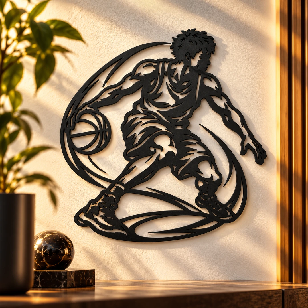 Silhouette murale basketteur dribblant, photographie décorative premium