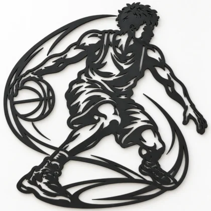 Décoration murale basketteur en dribble en silhouette noire mate, vue du produit sur fond clair