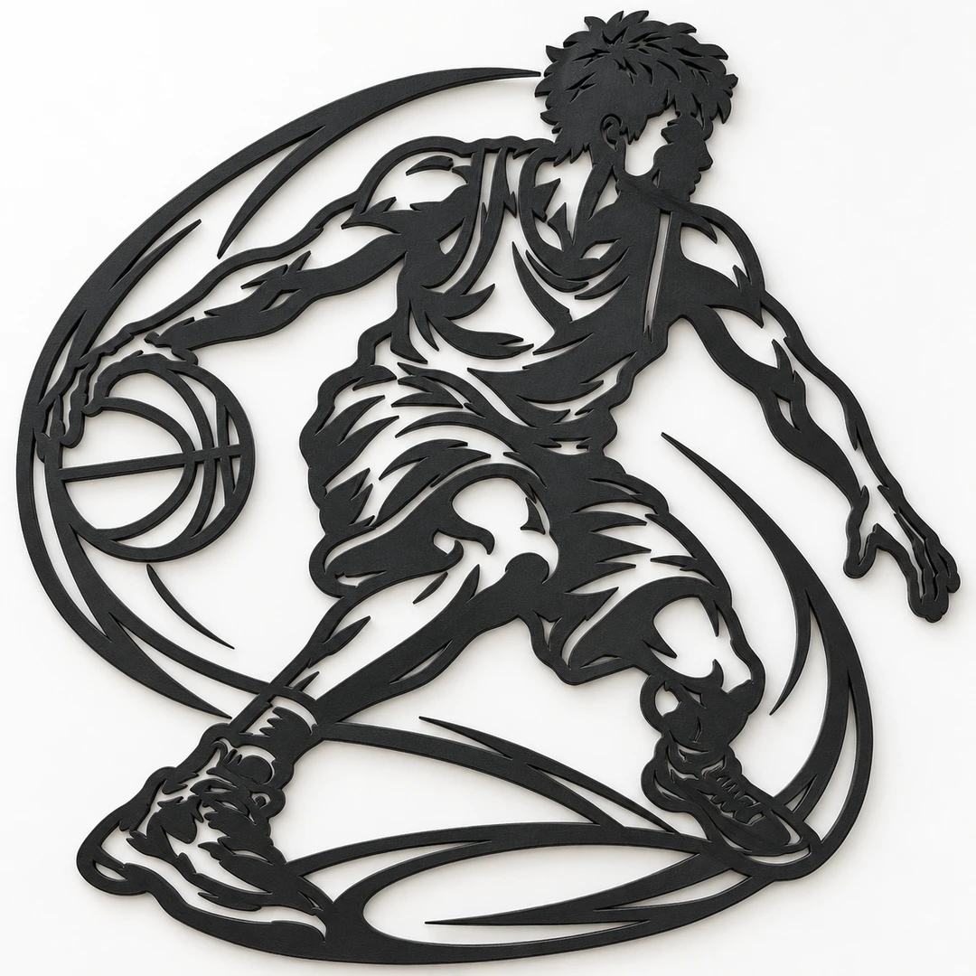 Décoration murale basketteur en dribble en silhouette noire mate, vue du produit sur fond clair