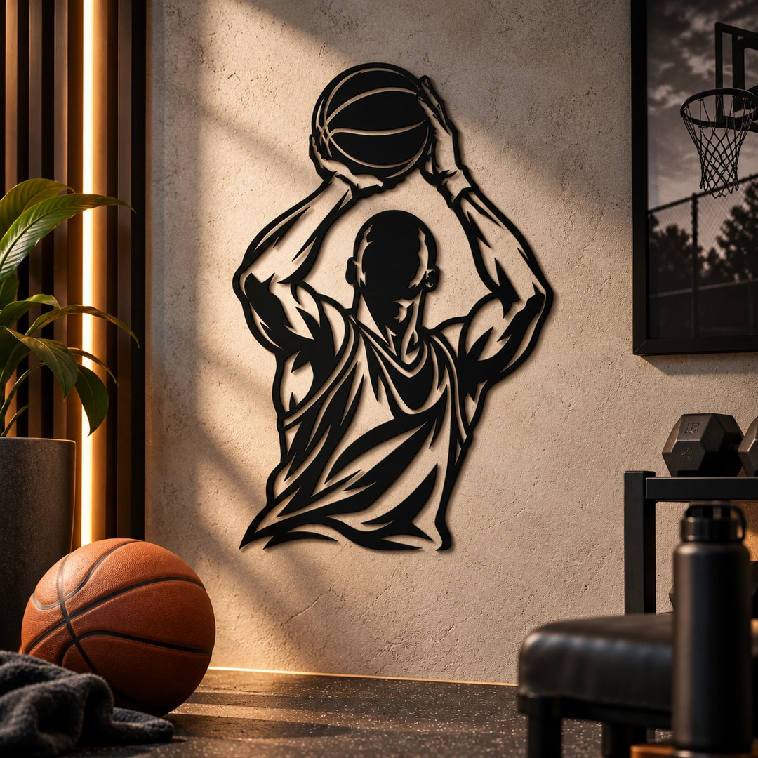 Le shoot décisif, décoration murale basket en situation dans un espace dédié au basketball