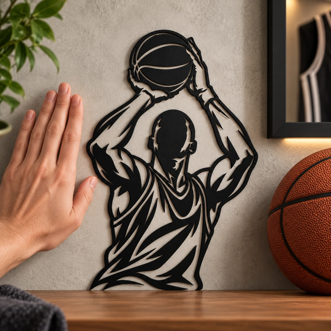 Décoration murale basketteur au shoot tenue à la main pour montrer sa taille réelle