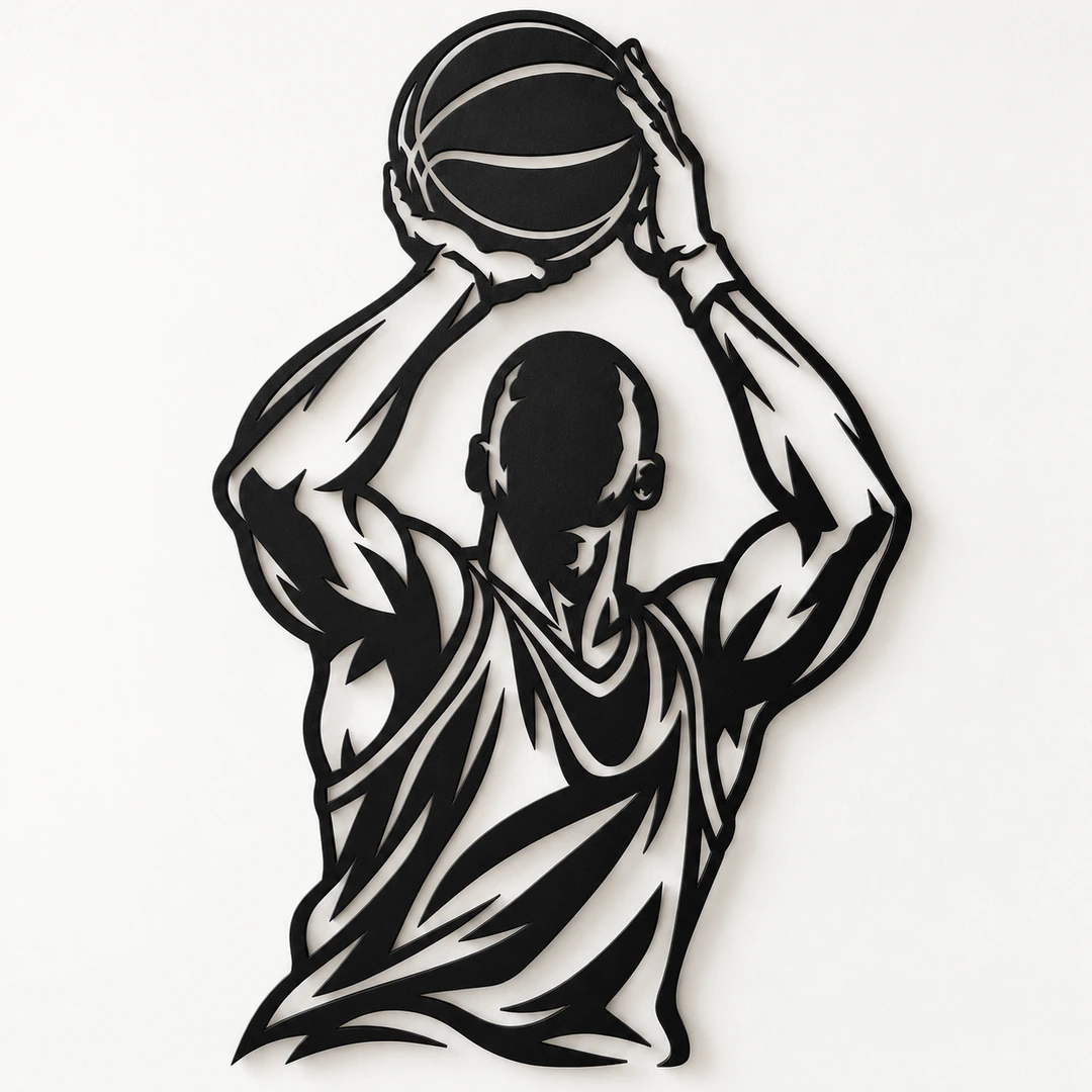 Décoration murale basketteur de face prêt à tirer au panier, vue principale sur fond clair