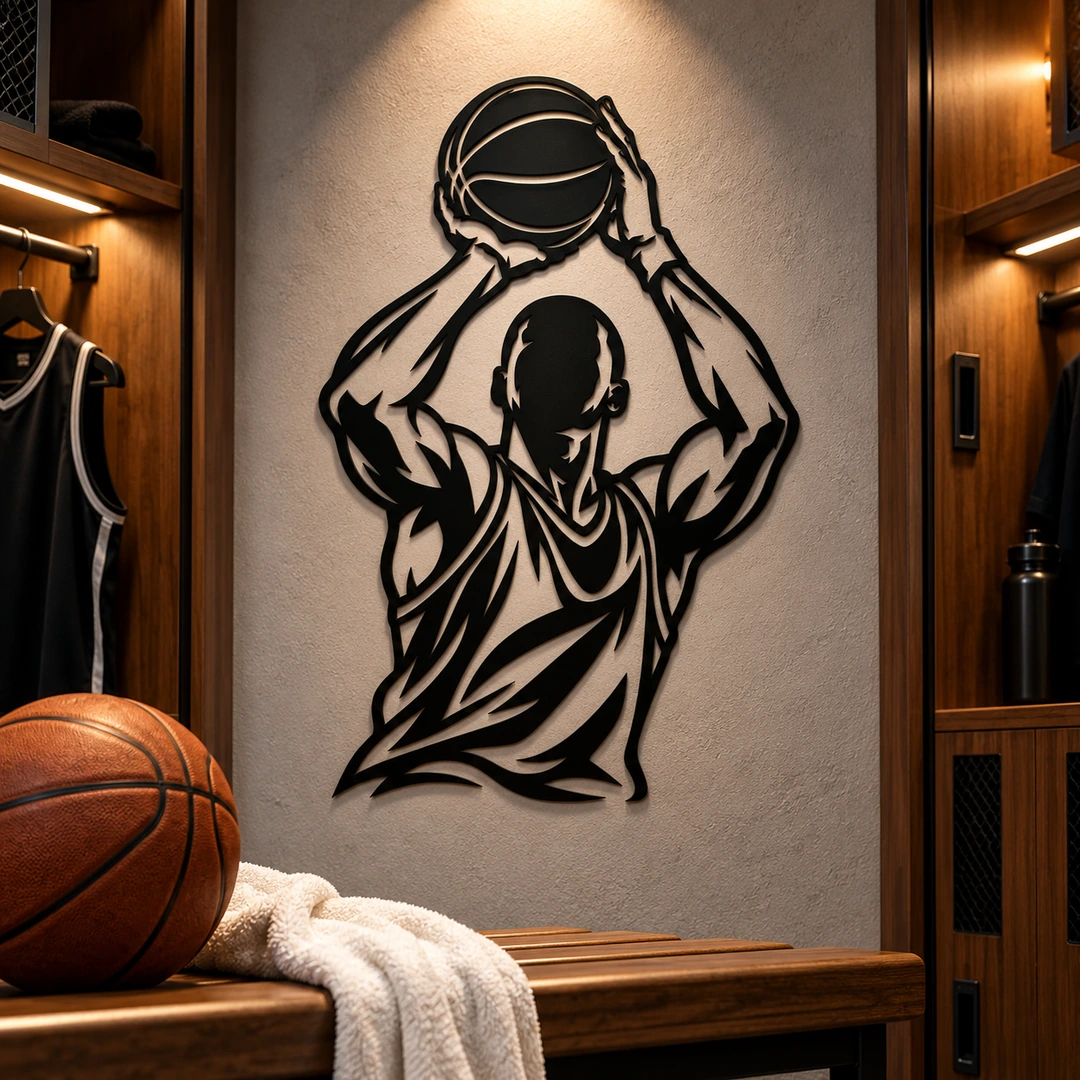 Décoration murale basketteur au shoot dans un vestiaire de sport