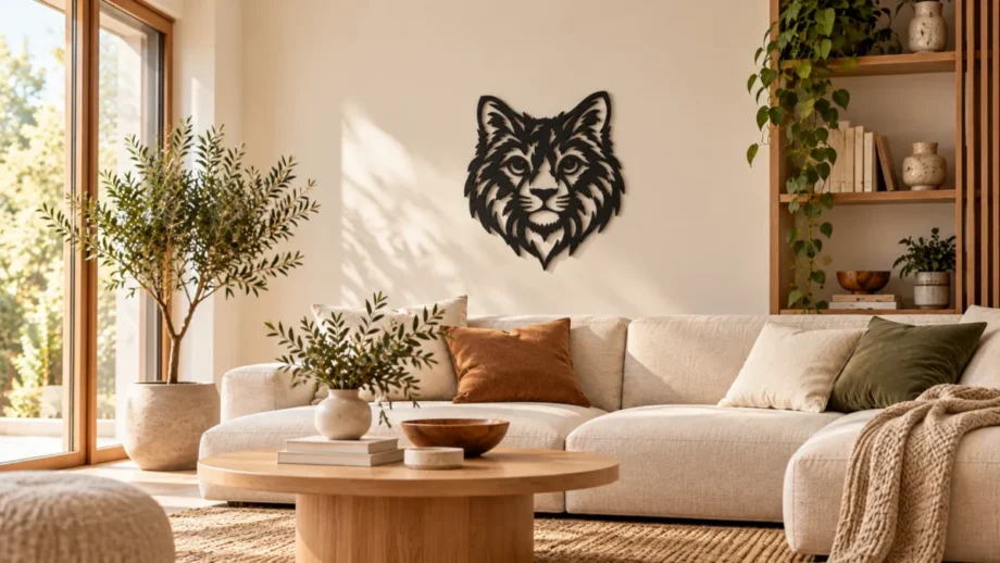 Illustration d’ambiance : salon lumineux avec décoration murale noire en forme de lion