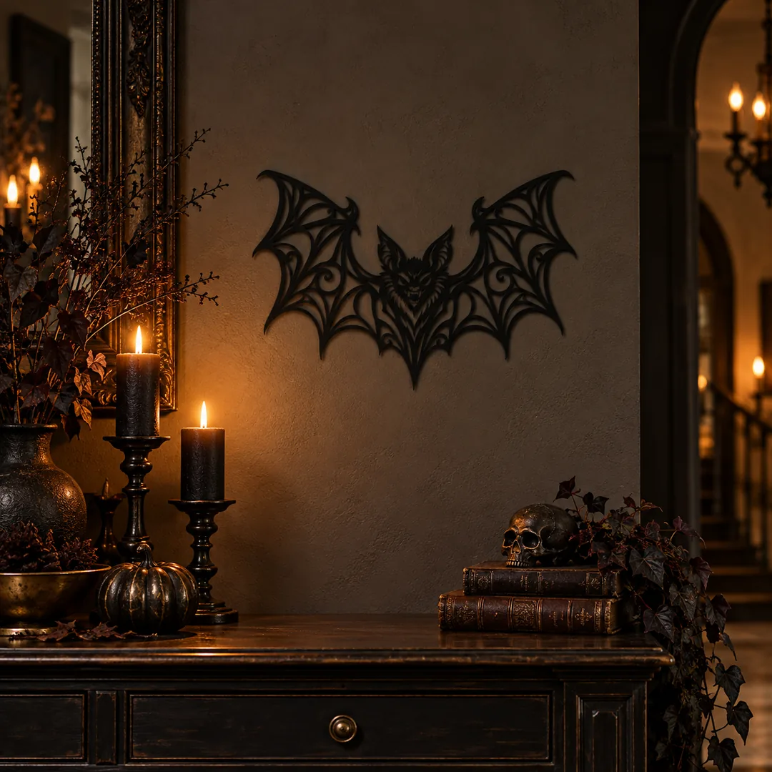 Chauve-souris gothique noire en décoration murale dans une entrée Halloween élégante, console sombre et bougies