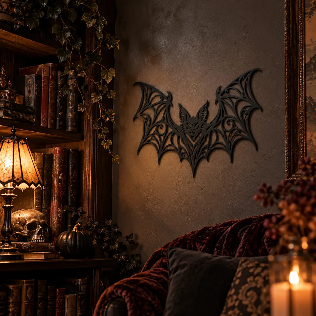 Chauve-souris murale noire dans une bibliothèque gothique aux livres anciens, lampe et ambiance Halloween
