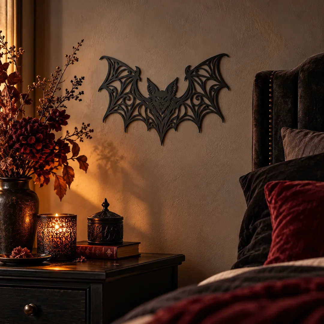 Décoration murale chauve-souris noire sur un mur de chambre gothique, textiles bordeaux et lumière chaude