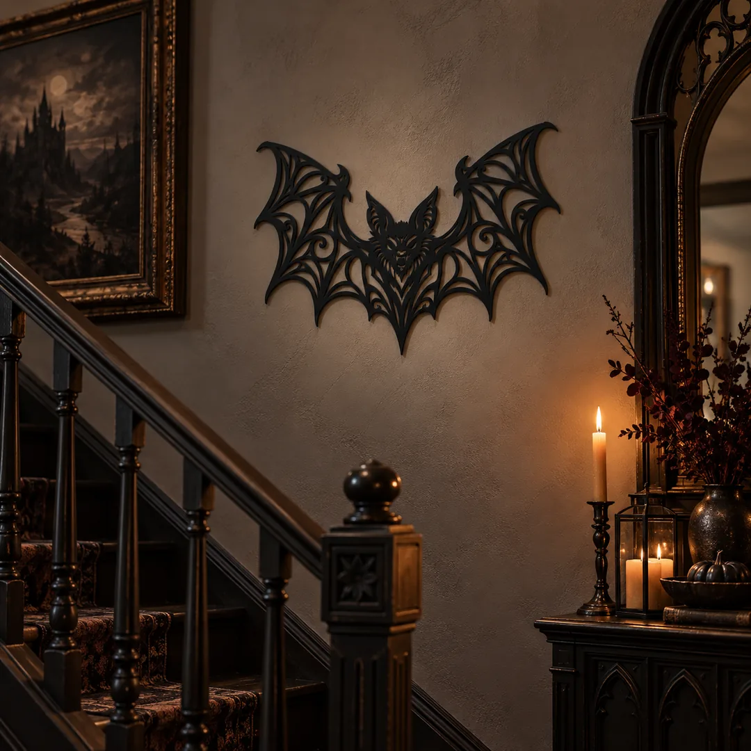 Chauve-souris gothique murale dans un escalier intérieur ancien, miroir noir et bougies décoratives
