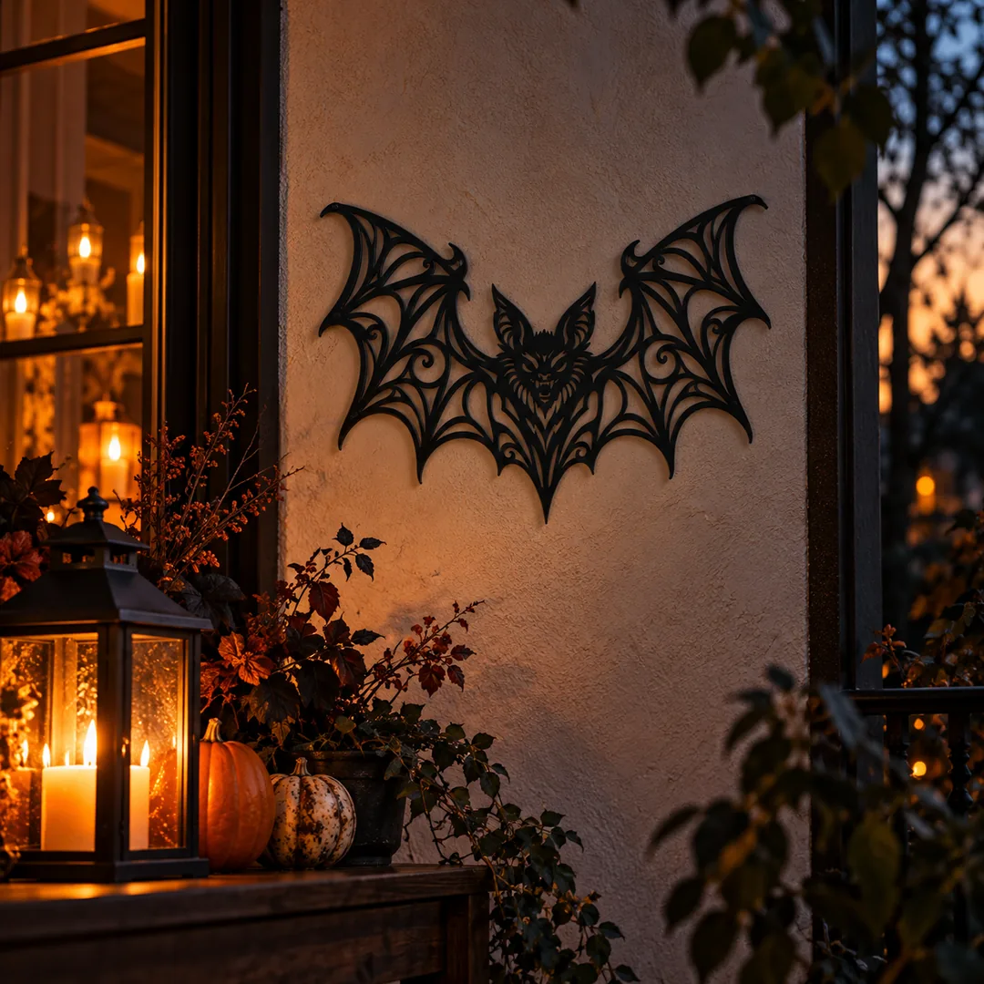 Décoration murale chauve-souris noire sur un porche abrité à la tombée du jour, lanternes et citrouilles