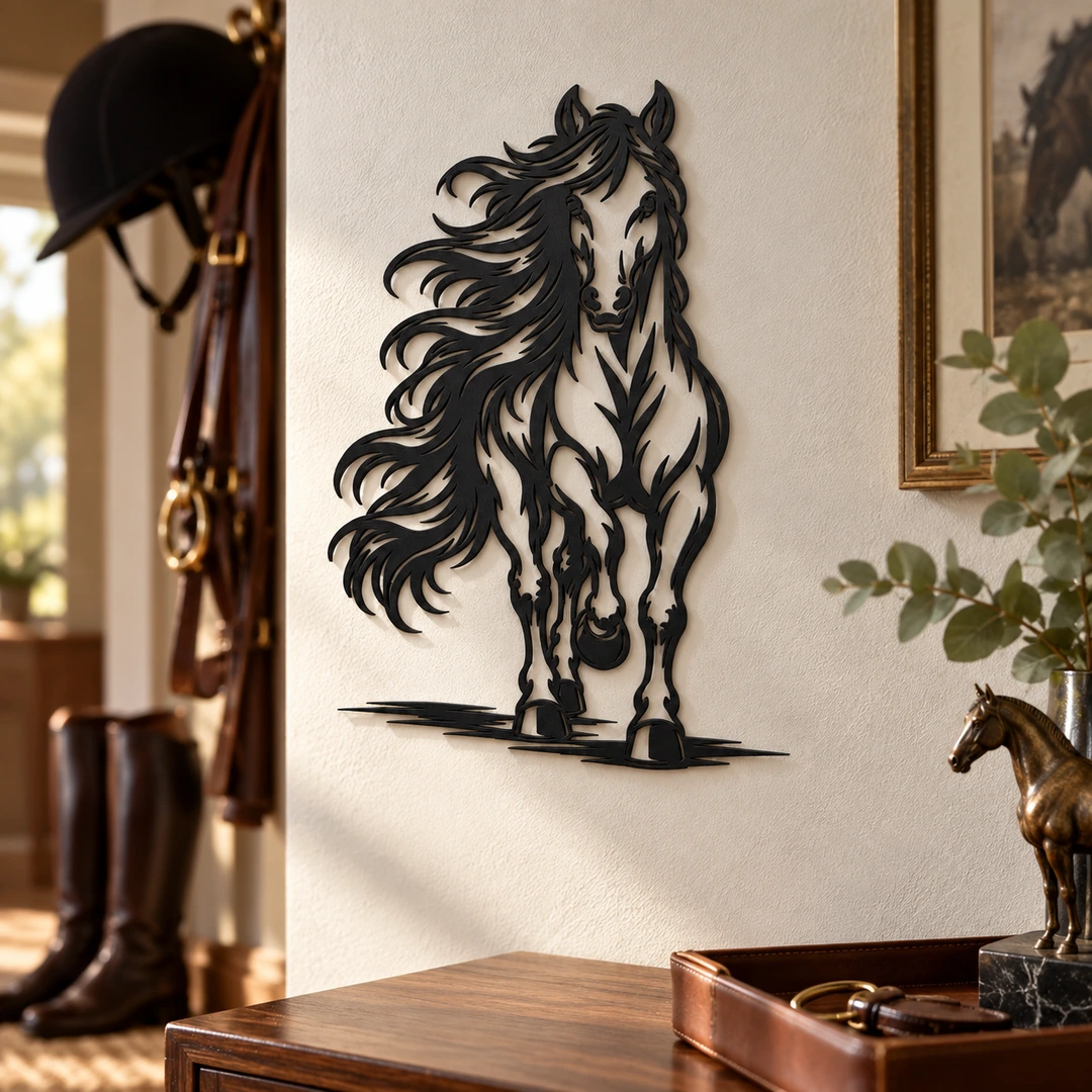 Décoration murale cheval en relief photographiée dans une ambiance équestre