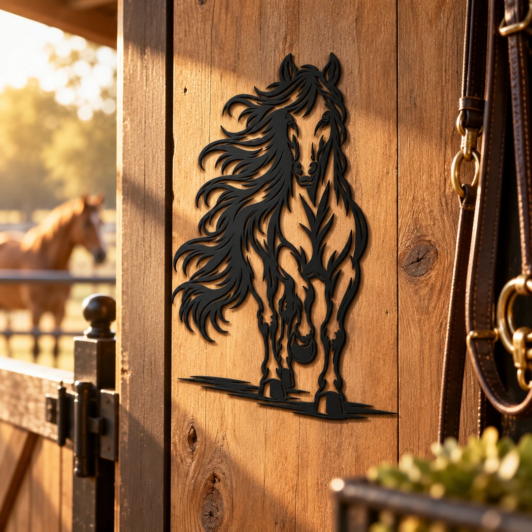 Cheval mural noir mat présenté dans un décor inspiré des écuries