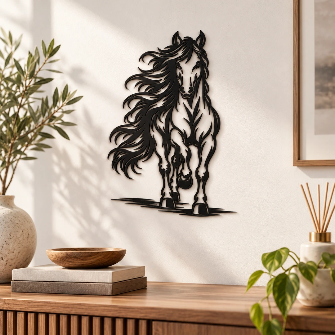 Silhouette murale cheval noir mat présentée dans un intérieur élégant