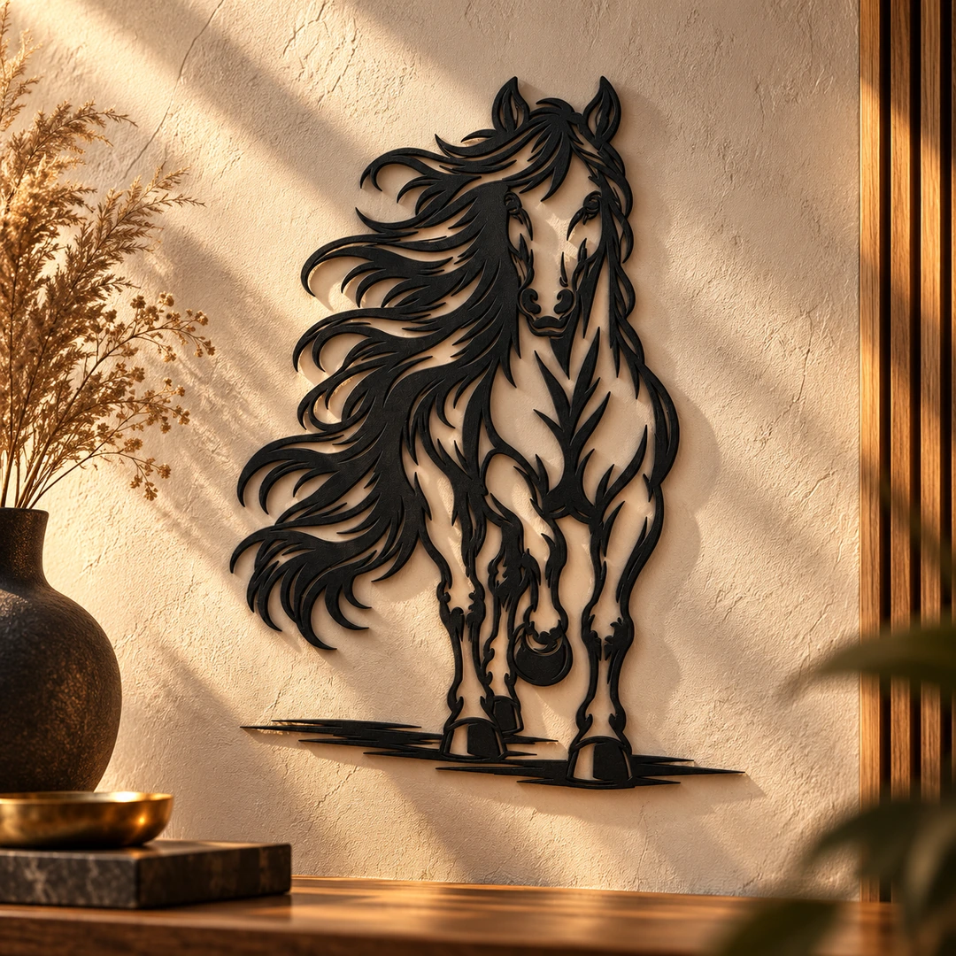 Décoration murale cheval artistique noir mat dans une mise en scène décorative