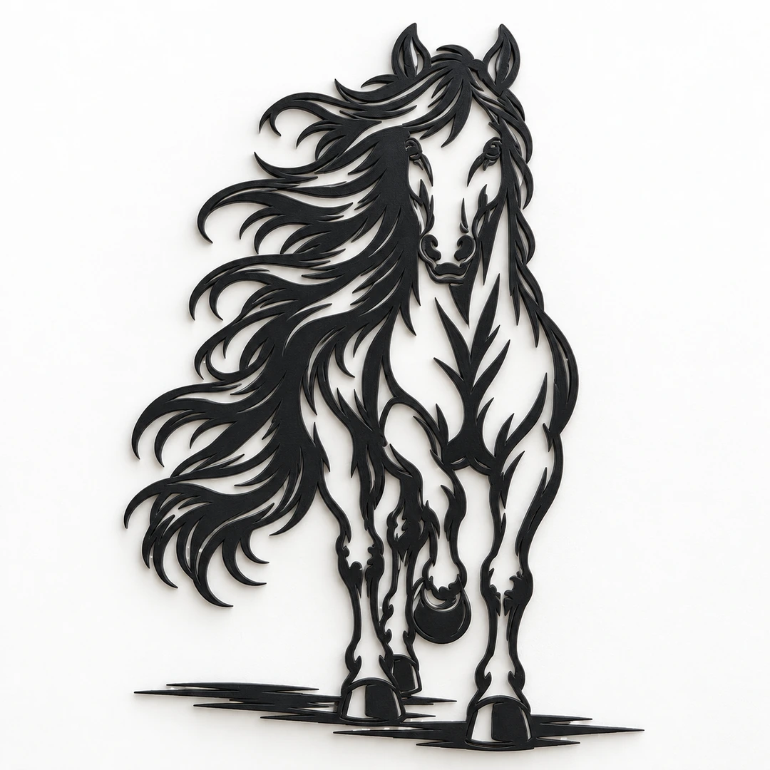 Décoration murale cheval en mouvement noir mat, silhouette ajourée de la création L’élan libre