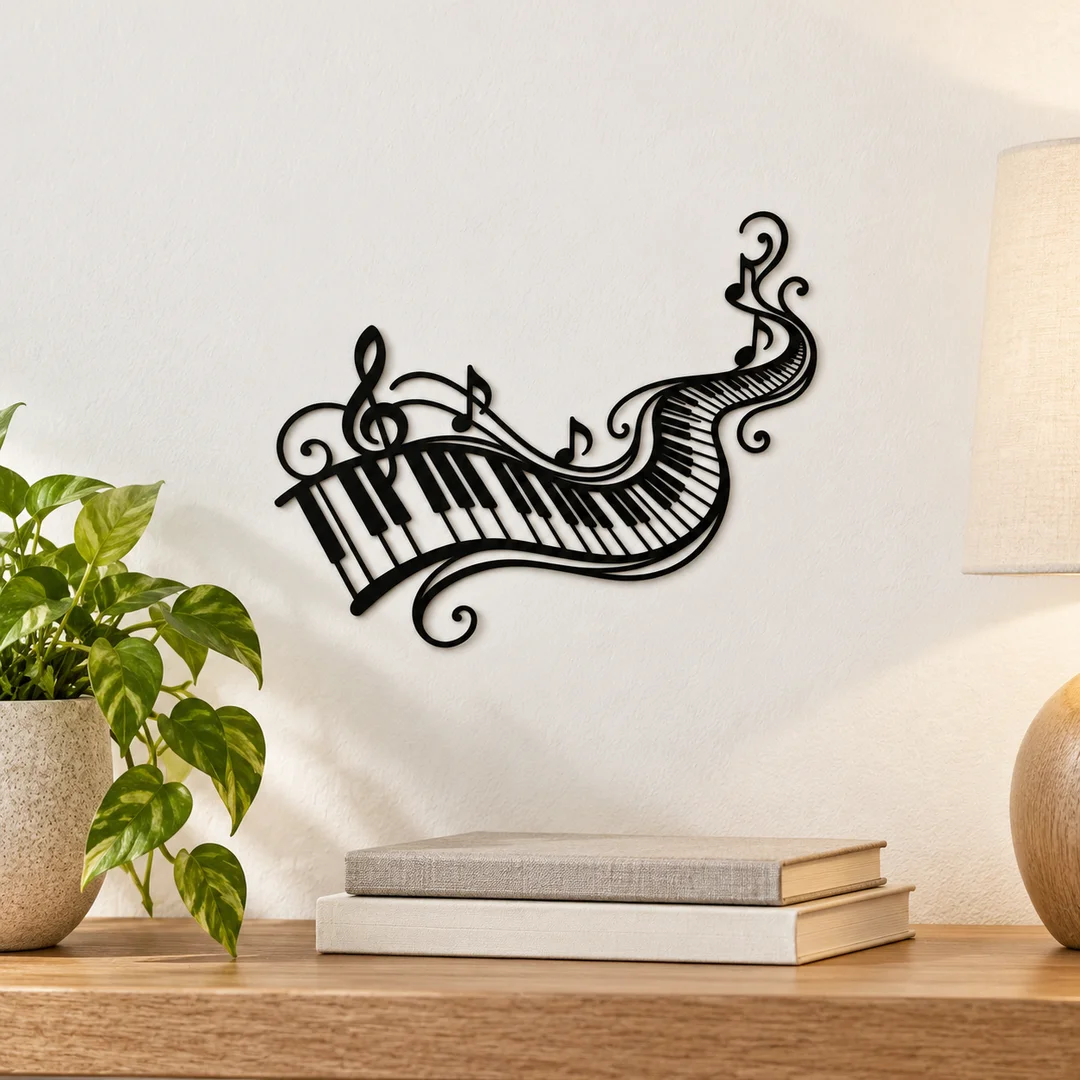 Décoration murale au clavier de piano ondulé noir, vue en situation