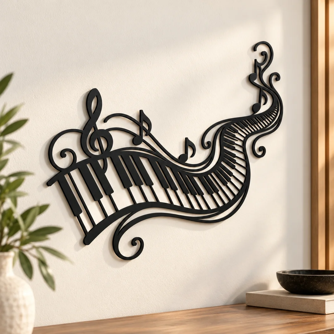 Clavier de piano ondulé noir en décoration murale, présentation du produit