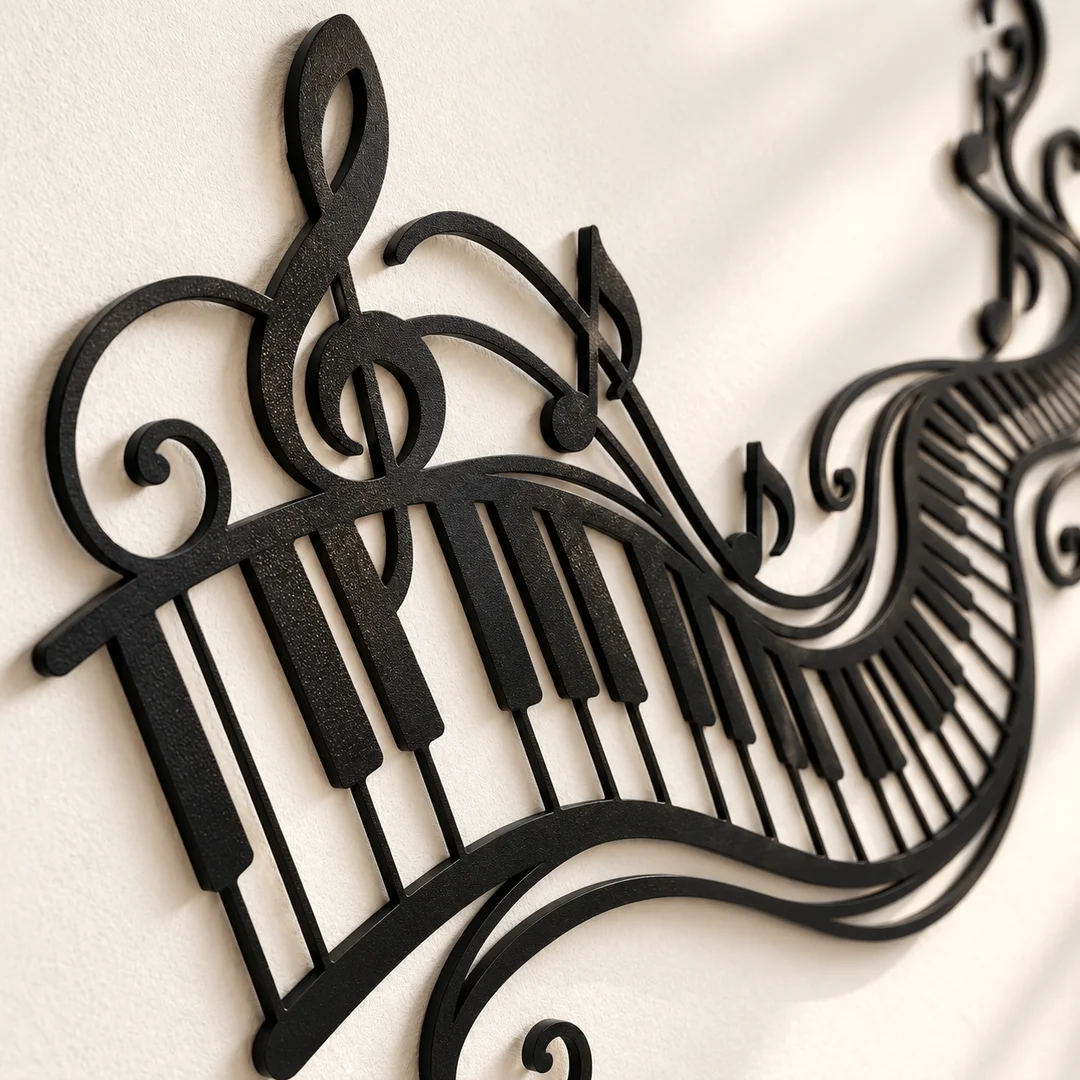 Décoration musicale noire représentant un clavier de piano aux lignes ondulées