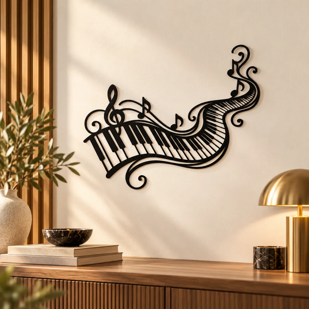 Motif mural noir en forme de touches de piano ondulées, décoration musicale
