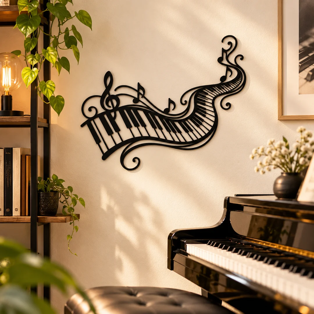 Décoration murale clavier de piano ondulé noir en relief de 2,4 mm
