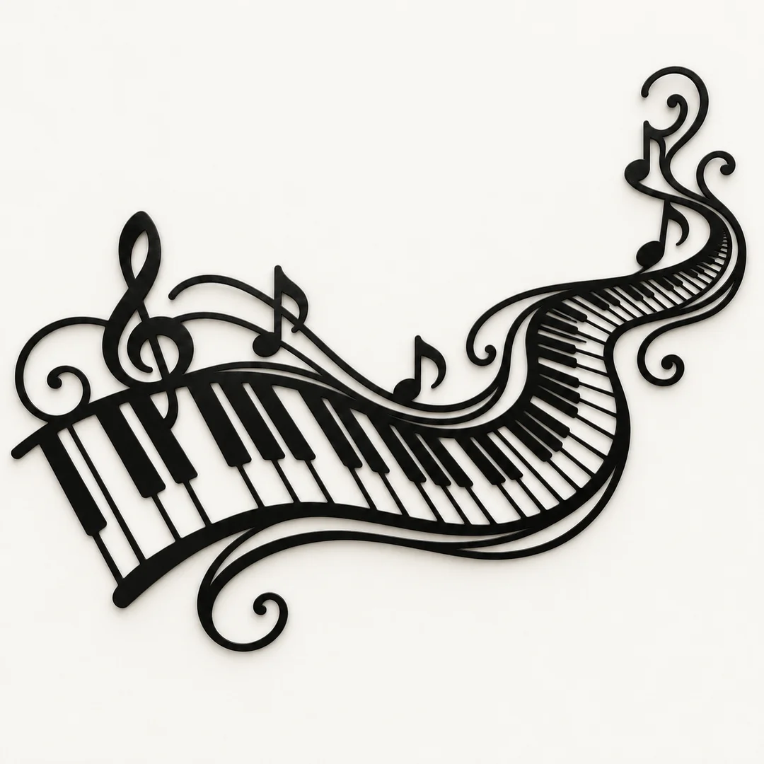 Décoration murale piano noire au clavier ondulé, vue principale du motif