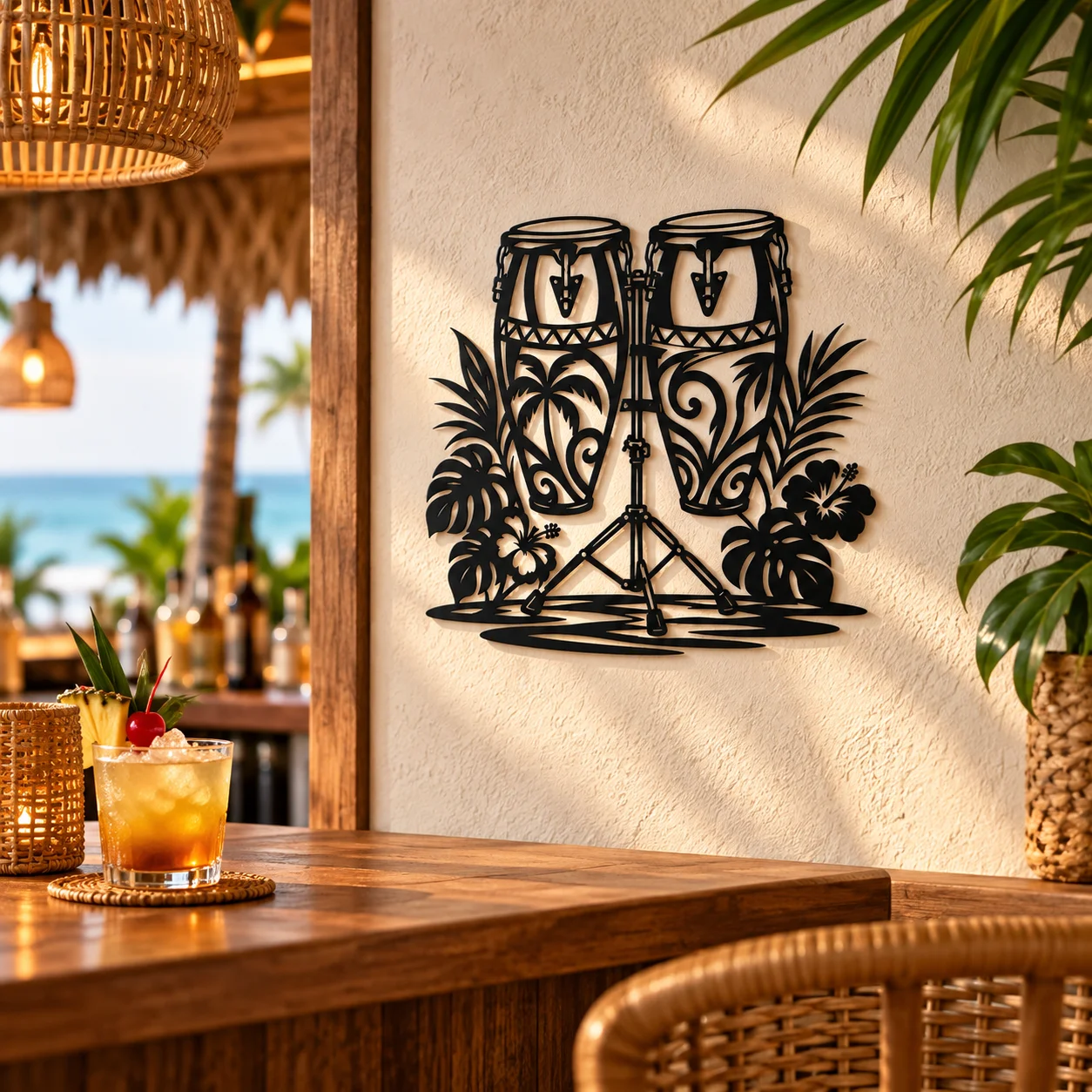 Décoration murale congas noirs de 23 cm dans une ambiance de bar tropical