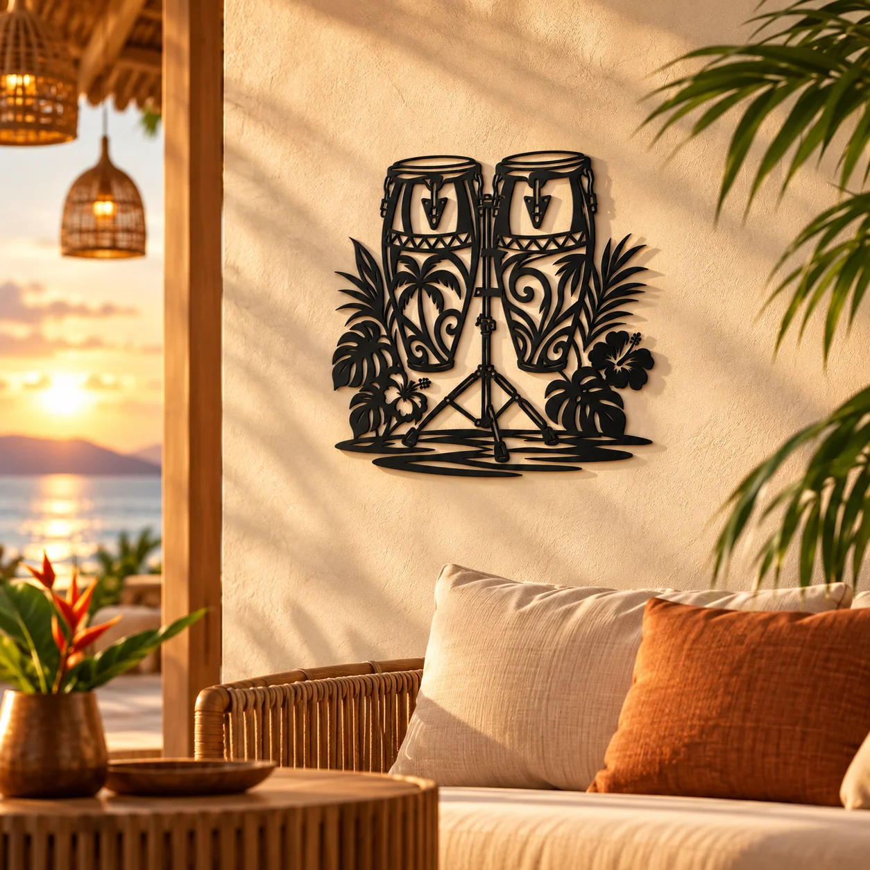 Décoration murale congas de 23 cm présentée dans un salon tropical chaleureux