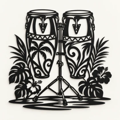 Décoration murale noire de deux congas avec fleurs tropicales et feuillages, vue de face