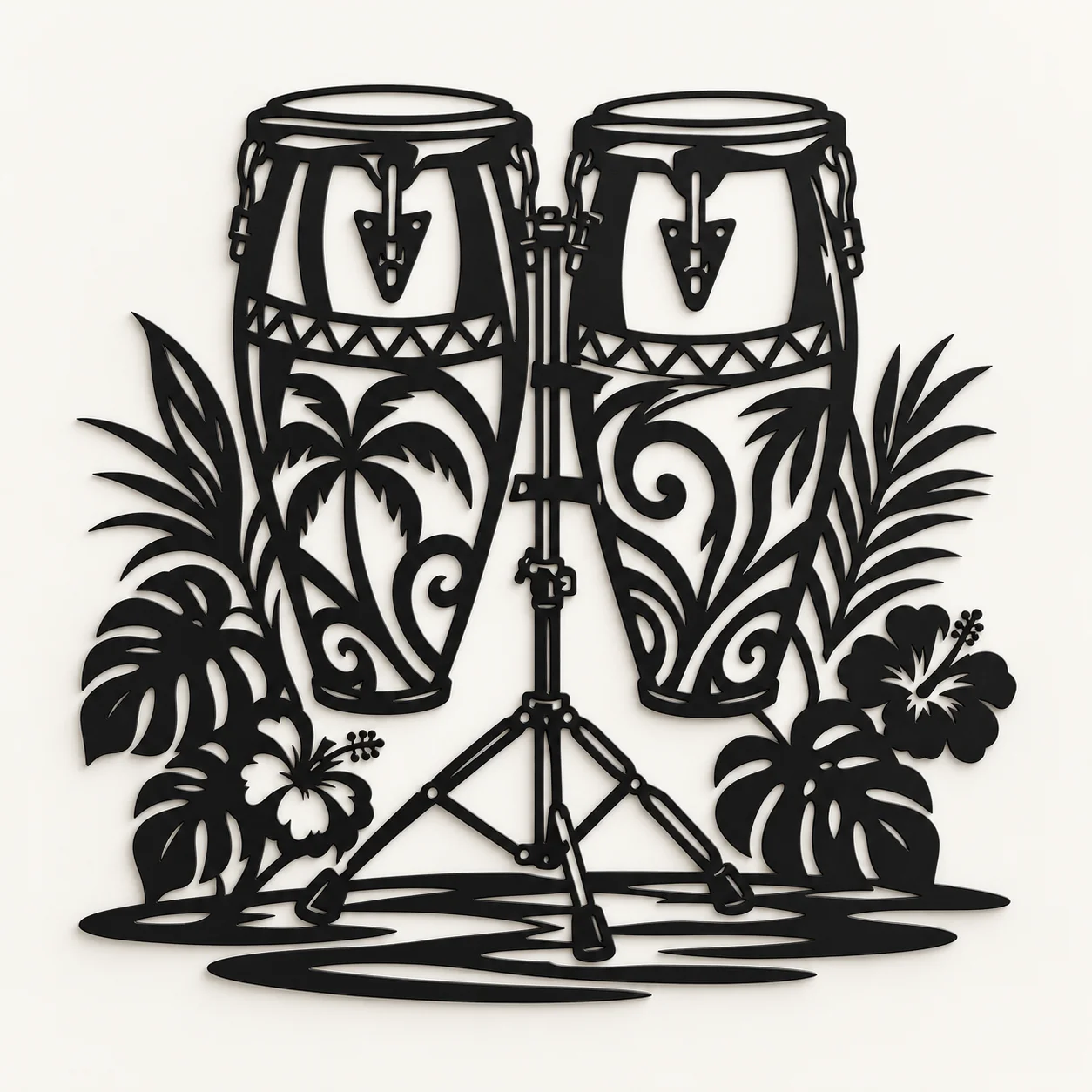 Décoration murale noire de deux congas avec fleurs tropicales et feuillages, vue de face