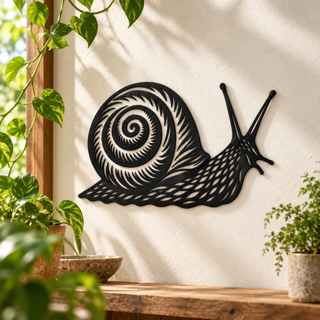 Escargot décoratif noir mat présenté dans une ambiance végétale