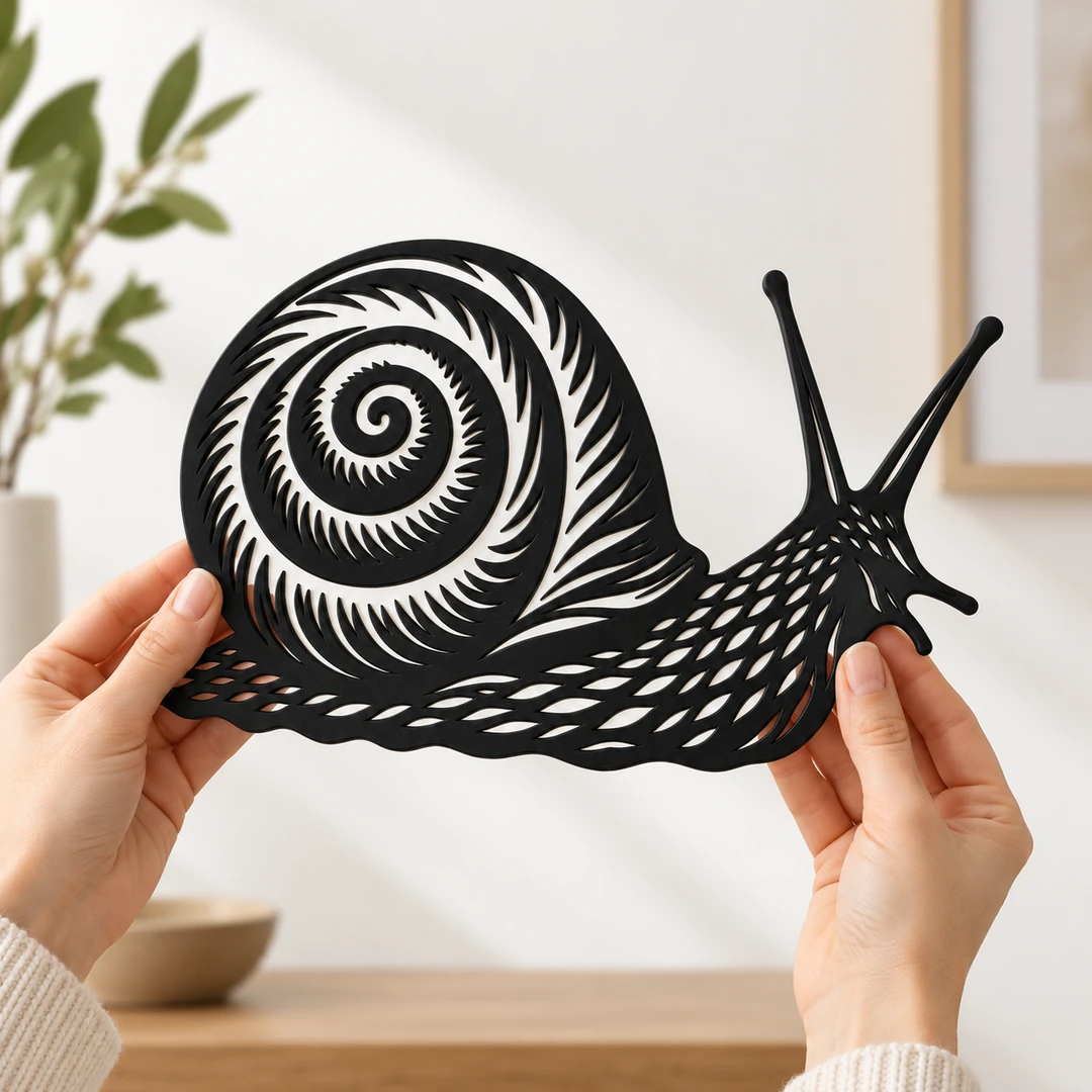 Décoration murale escargot présentée à côté d’une main pour illustrer sa taille