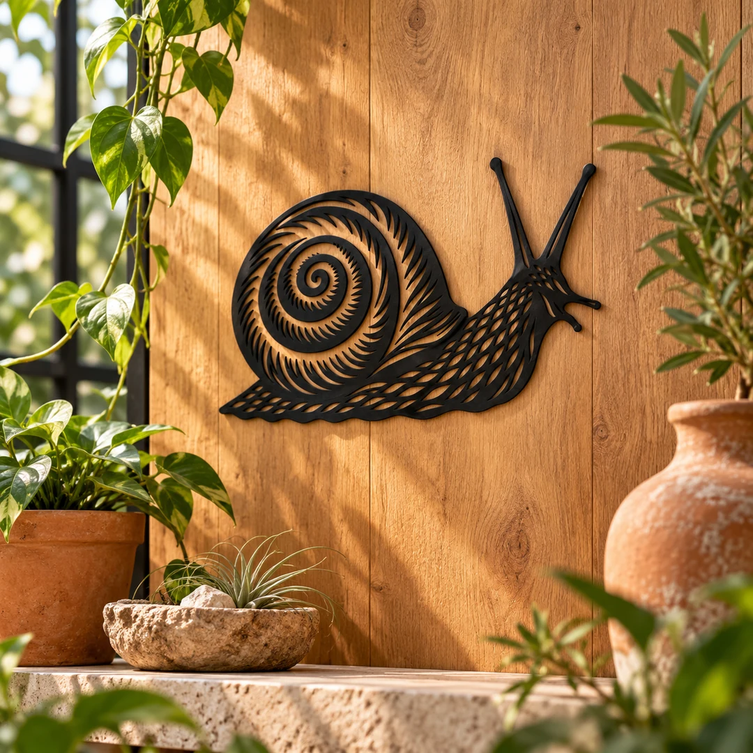 Décoration murale escargot noir mat mise en scène sur un panneau en bois