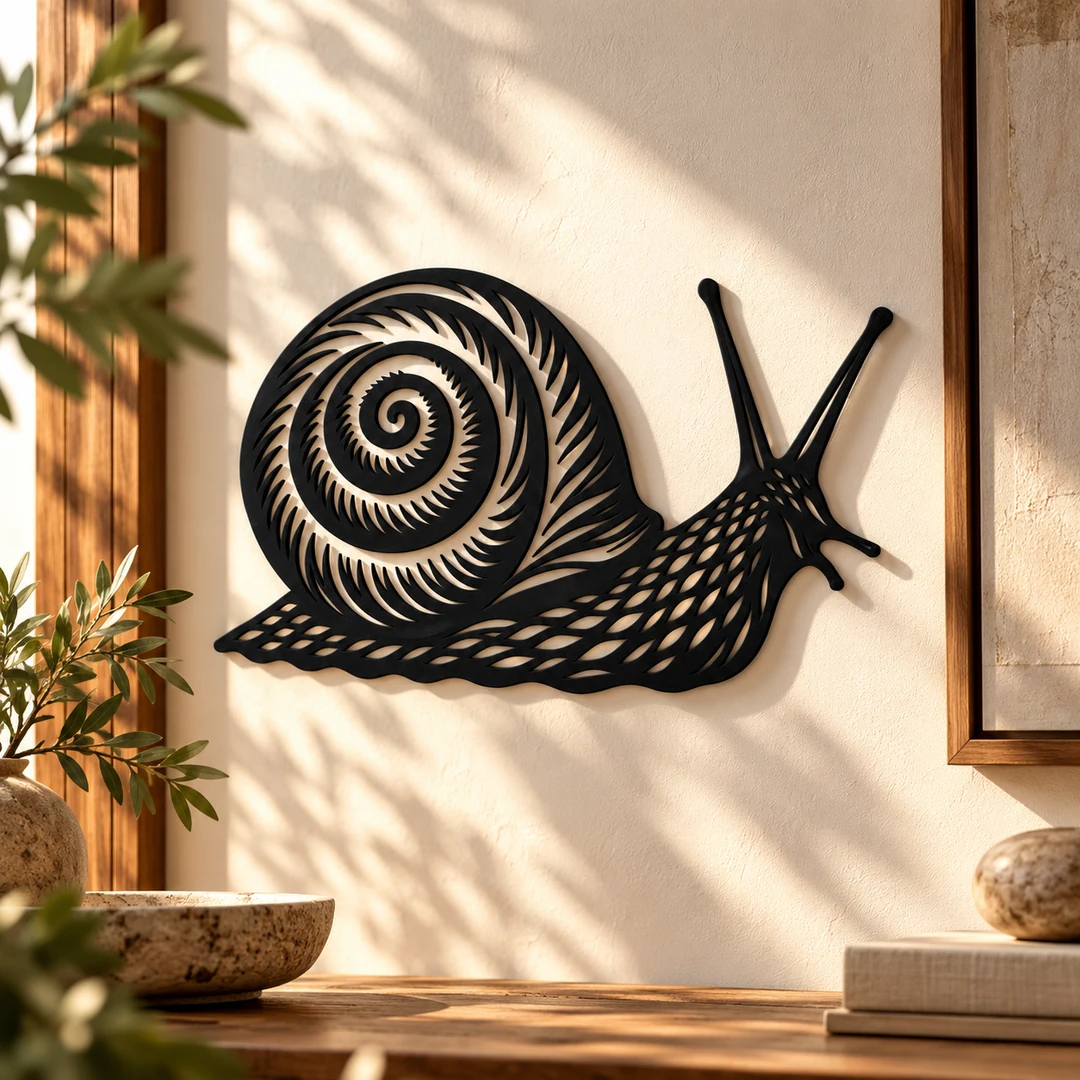 Escargot mural à la coquille en spirale dans une mise en scène décorative