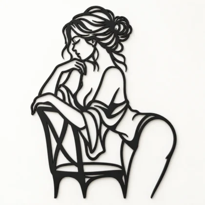 Décoration murale femme en lingerie de profil prenant appui sur une chaise, silhouette graphique