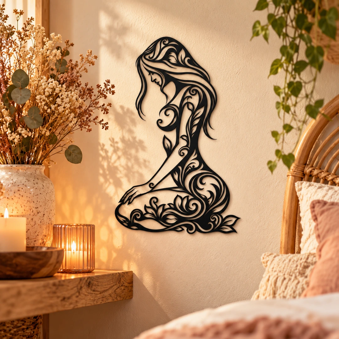 Silhouette murale féminine aux motifs végétaux dans une ambiance décorative chaleureuse
