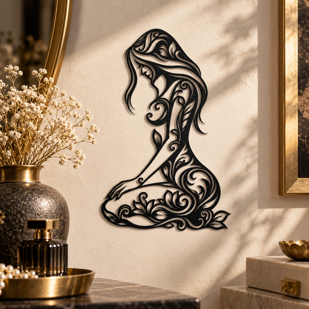 Art mural Femme florale avec volutes de feuillage, présenté dans un décor original