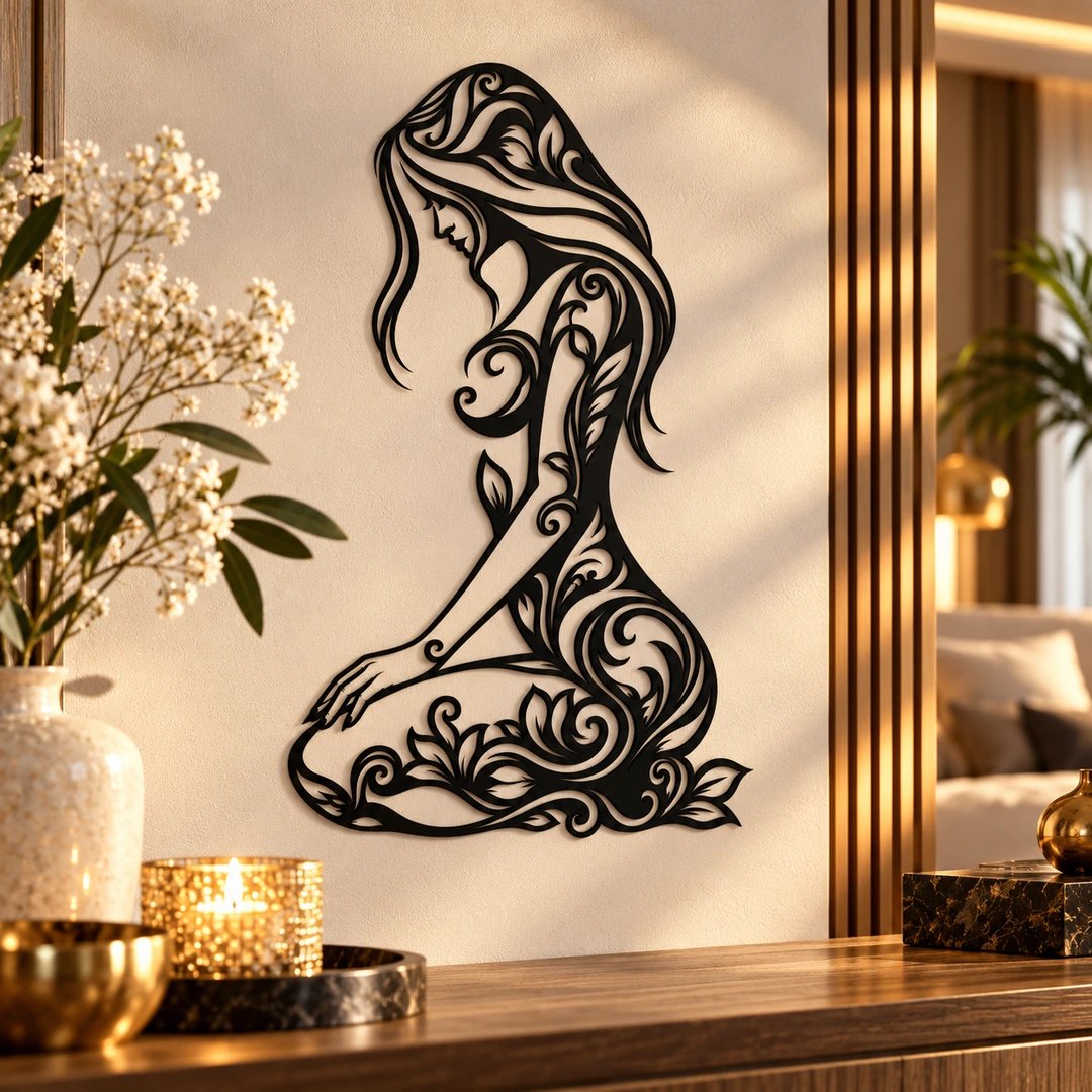 Décoration murale silhouette de femme aux arabesques florales dans un intérieur raffiné