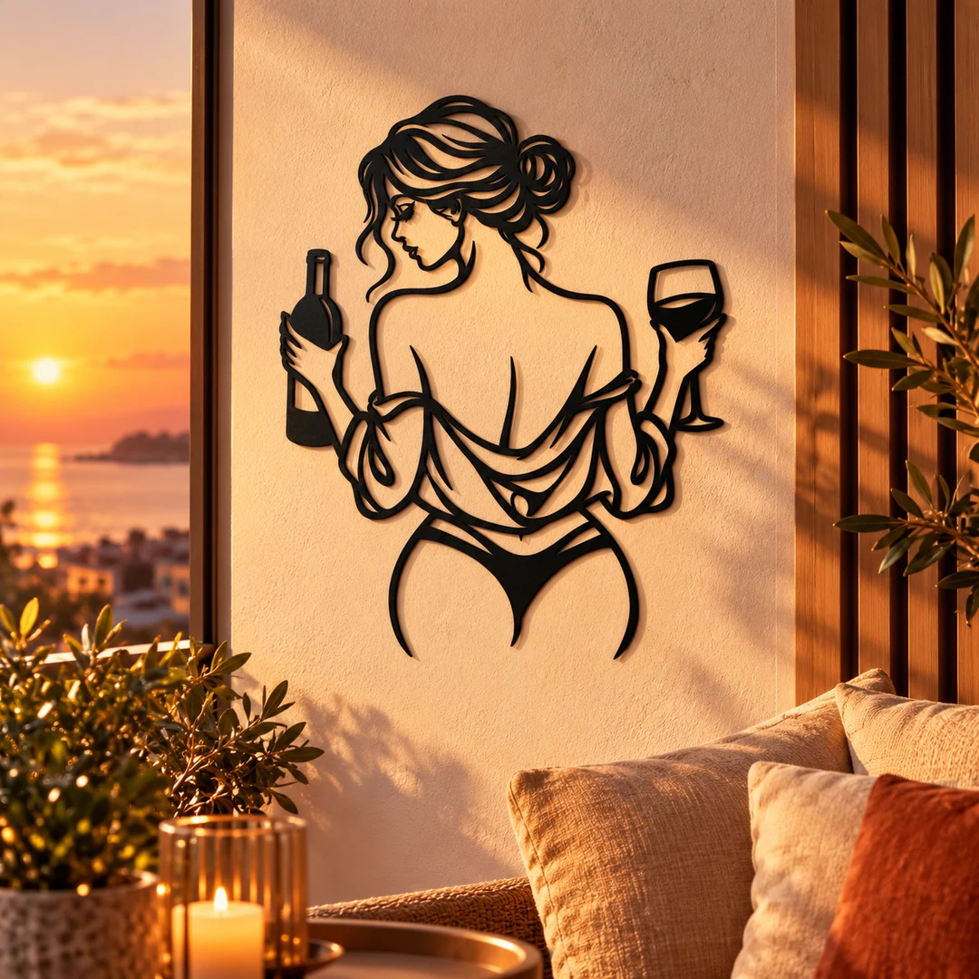 Silhouette féminine avec bouteille et verre de vin dans une ambiance décorative raffinée