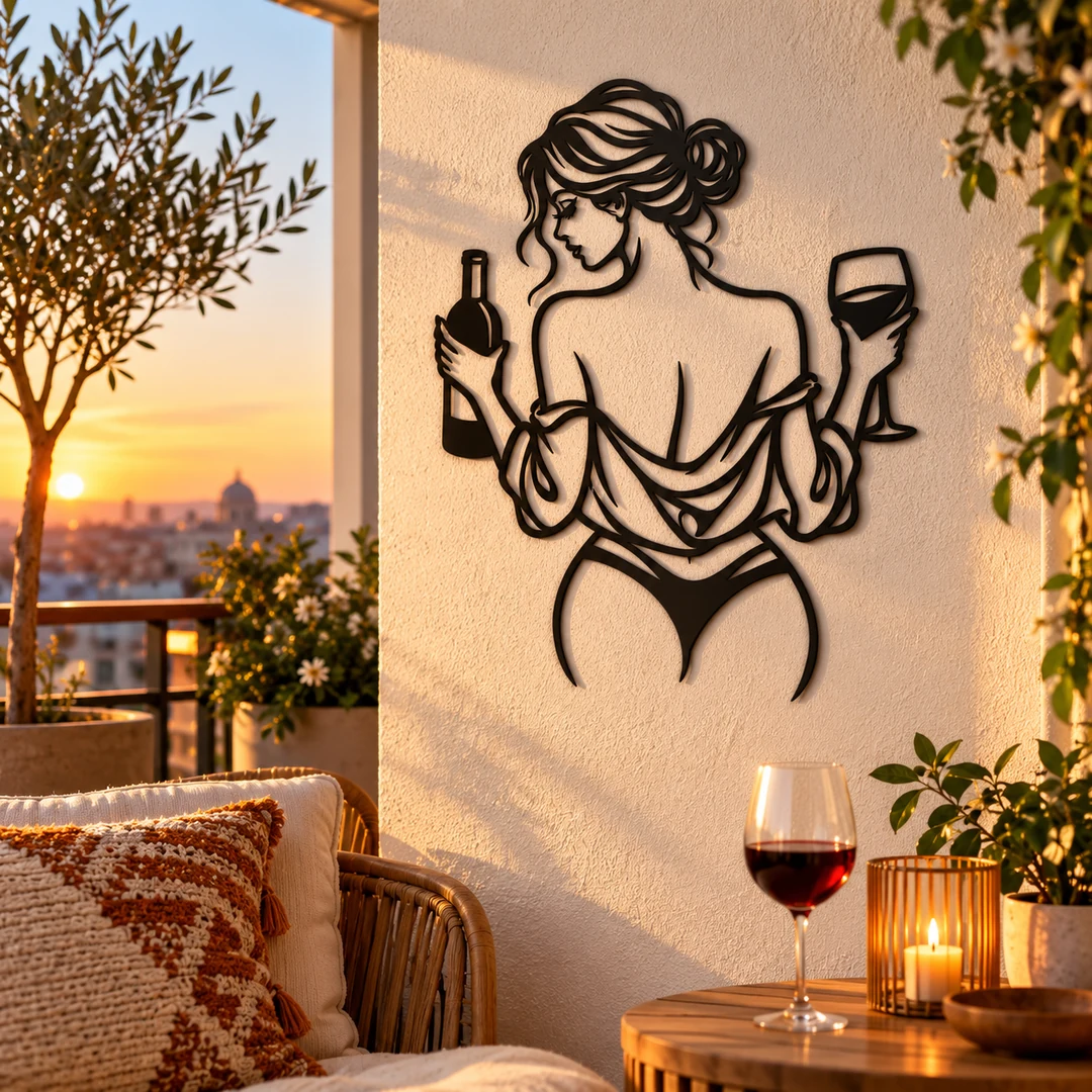 Décoration murale femme au verre de vin mise en scène près d’un balcon au coucher du soleil