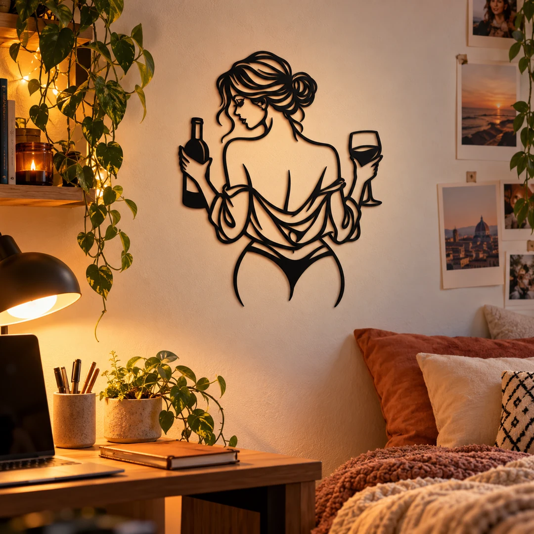 Décoration murale femme de dos au verre de vin présentée dans une chambre