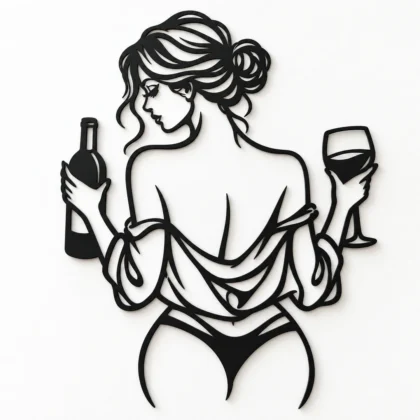 Décoration murale femme de dos tenant une bouteille et un verre de vin, silhouette glamour ajourée