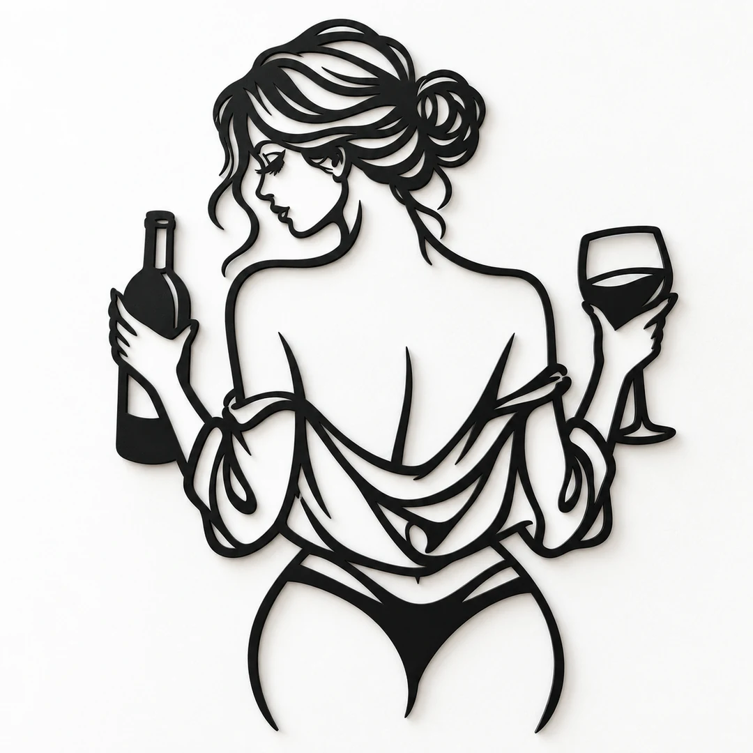 Décoration murale femme de dos tenant une bouteille et un verre de vin, silhouette glamour ajourée