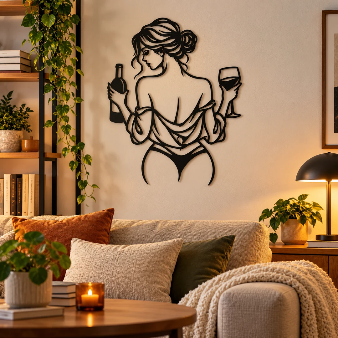 Décoration murale glamour représentant une femme au verre de vin dans un salon contemporain