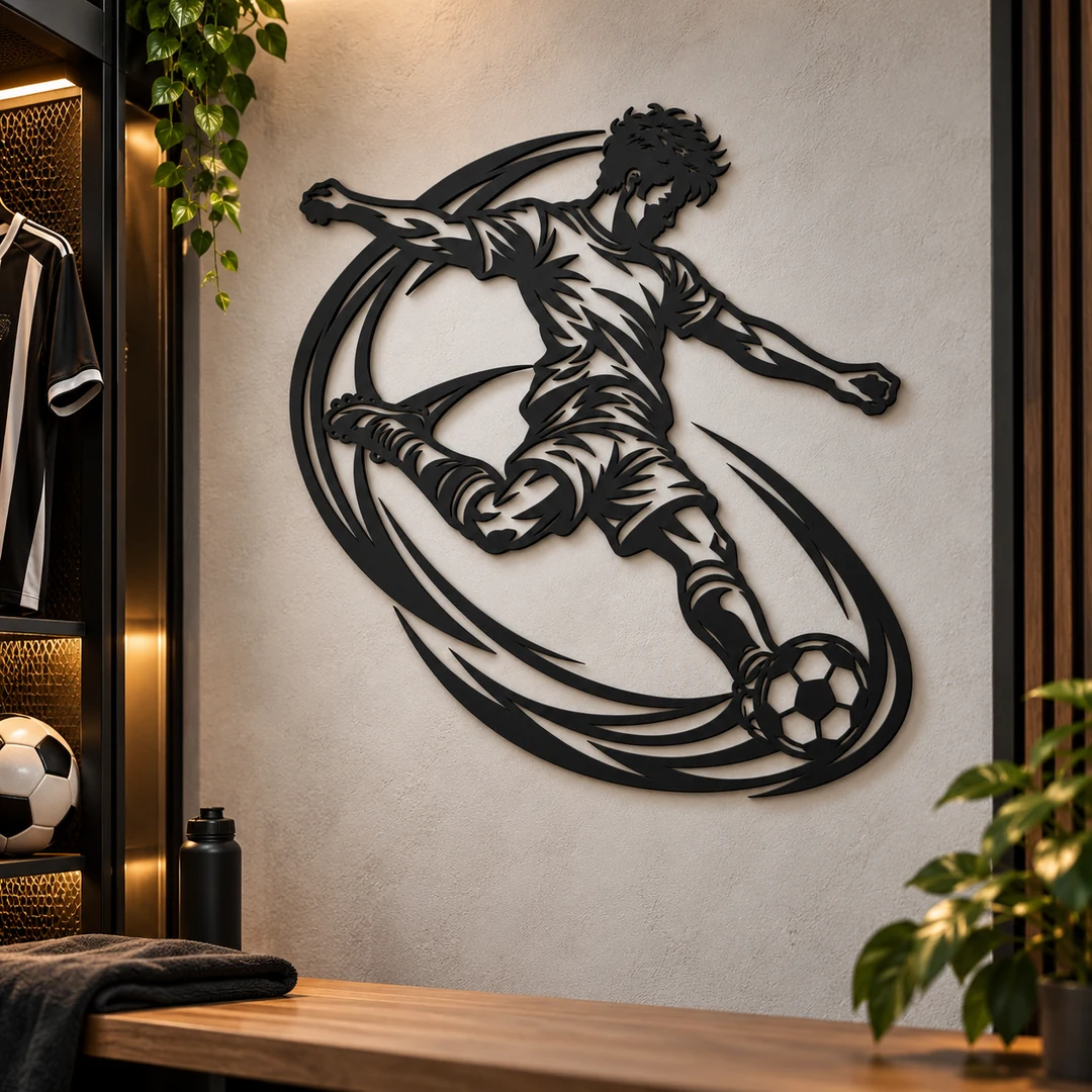 Décoration murale de joueur de football en pleine frappe, mise en scène dans un espace sportif