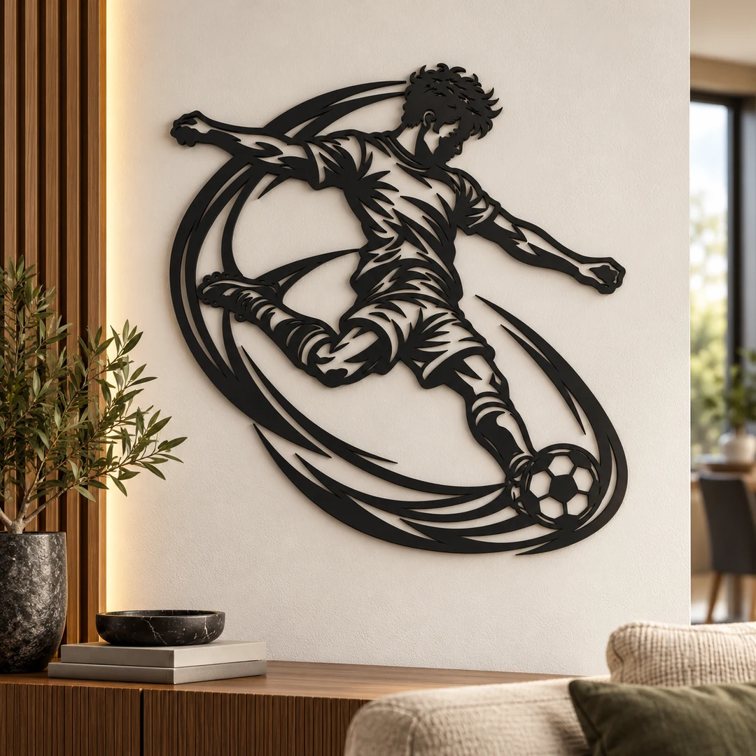 Décoration murale footballeur dans un salon contemporain, création sportive en relief