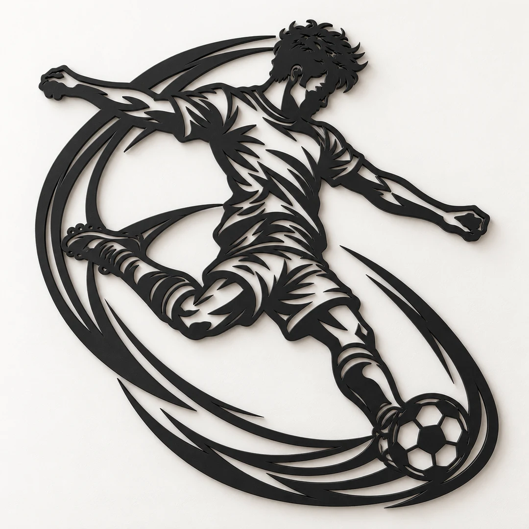 Décoration murale footballeur Le tir puissant, silhouette ajourée sur fond clair