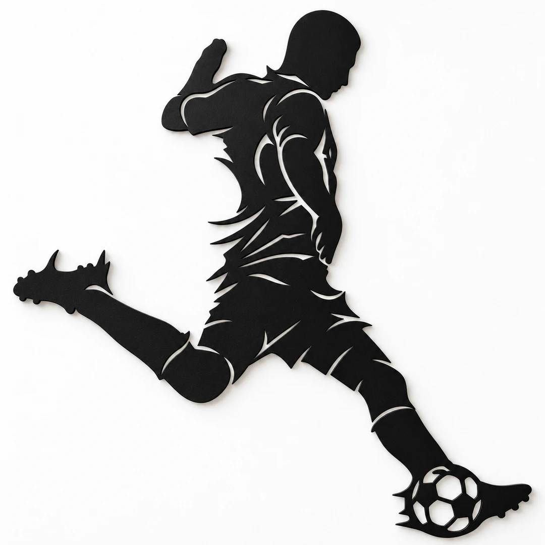 Décoration murale footballeur La frappe décisive, silhouette de joueur de football sur fond blanc