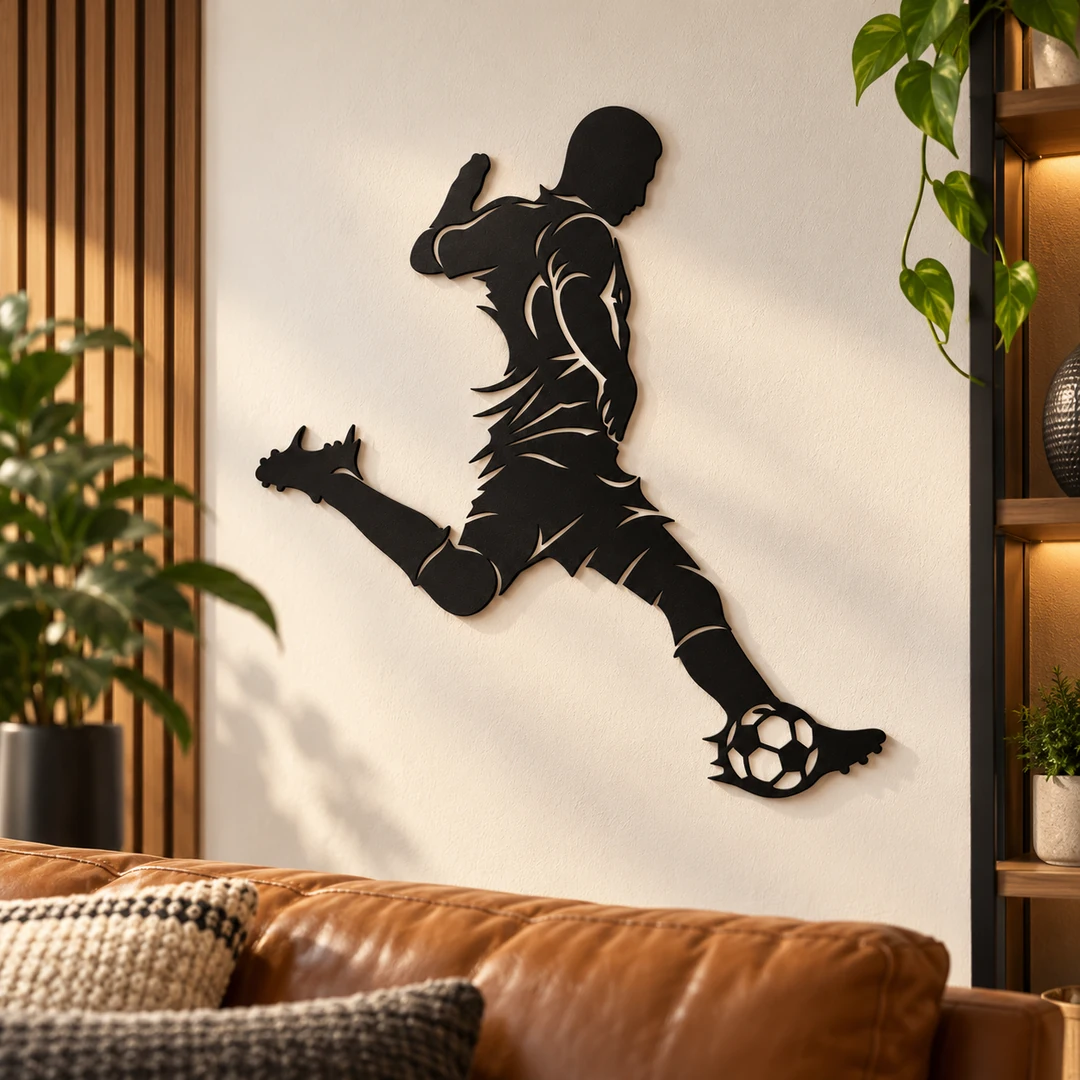 Silhouette murale footballeur en pleine frappe dans un salon contemporain