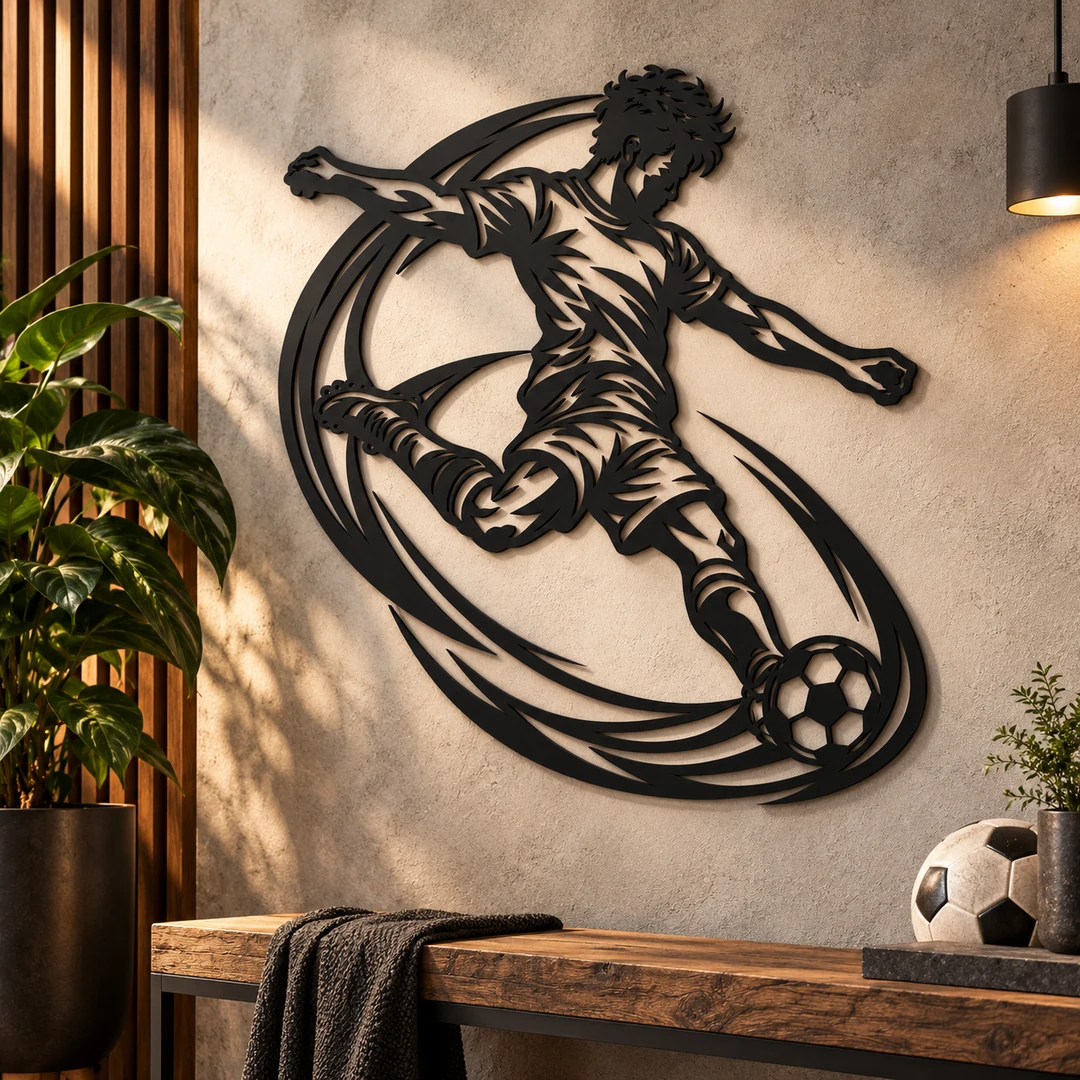 Silhouette décorative de footballeur avec ballon installée dans un intérieur élégant