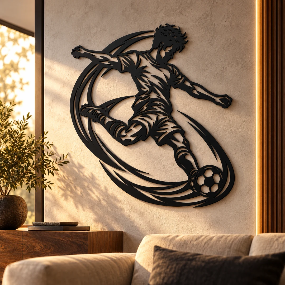 Art mural footballeur Le tir puissant dans un intérieur chaleureux et raffiné